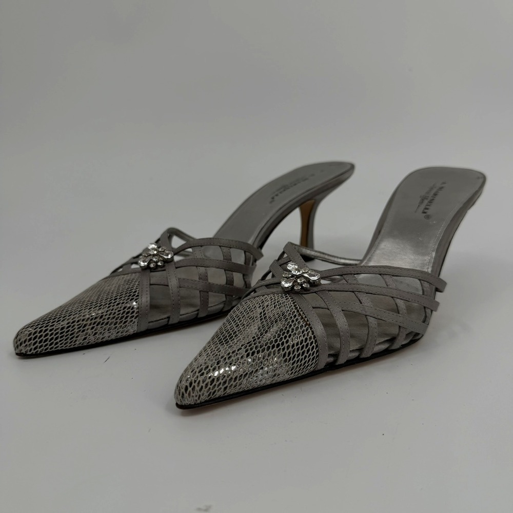 A Marinelli Franci Mule Kitten Heel Y2K Women 11 Silver Metallic Snake Print